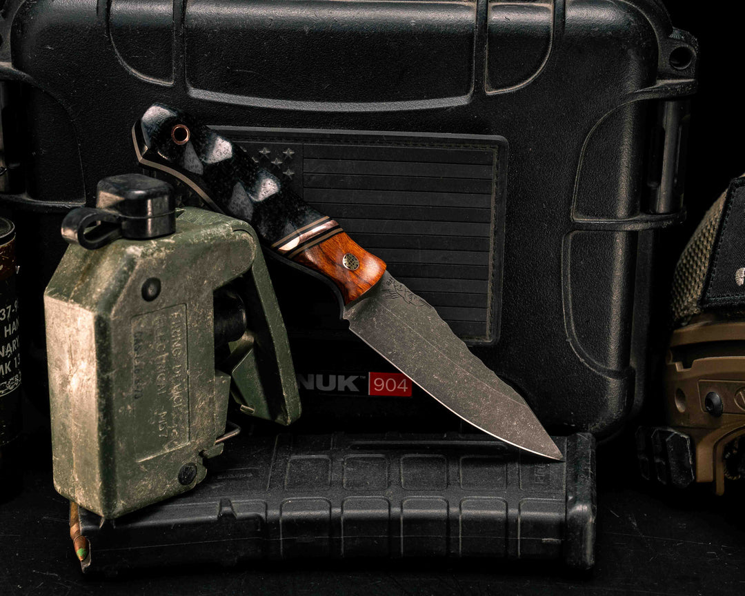 Field Knife Jr- Desert Ironwood, Black G10, Coyote G10 and Copper Split, Black Burlap Micarta, Mosaic Pin, Copper Lanyard Pin, Textured Grip