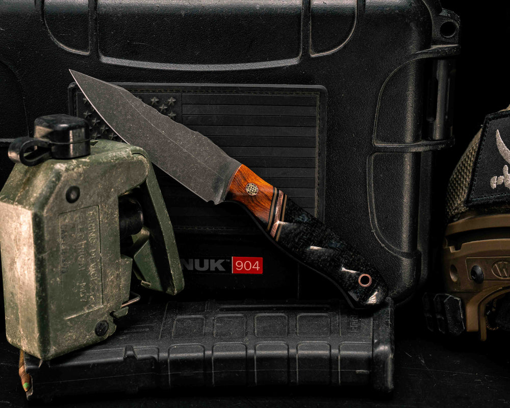 Field Knife Jr- Desert Ironwood, Black G10, Coyote G10 and Copper Split, Black Burlap Micarta, Mosaic Pin, Copper Lanyard Pin, Textured Grip