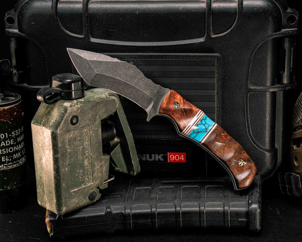 Buteo- Dyed Maple, White G10 and Copper Pin Striping, Turquoise with Copper Web Tru-stone Split, Mosaic Pins, Textured Grip