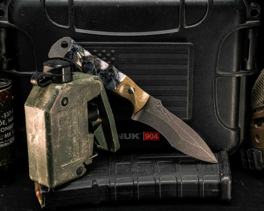 Extremis MK1- Olive Green Canvas Micarta, Bronze Split, Dyed Amboyna, Mosaic Pins, Textured Grip