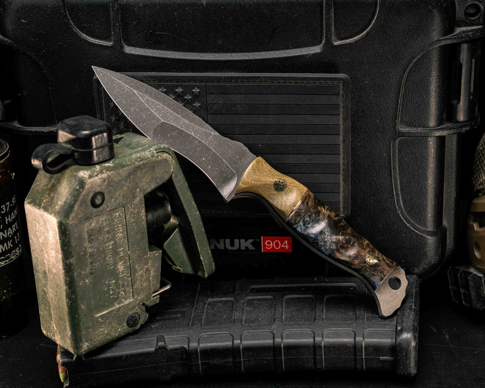 Extremis MK1- Olive Green Canvas Micarta, Bronze Split, Dyed Amboyna, Mosaic Pins, Textured Grip