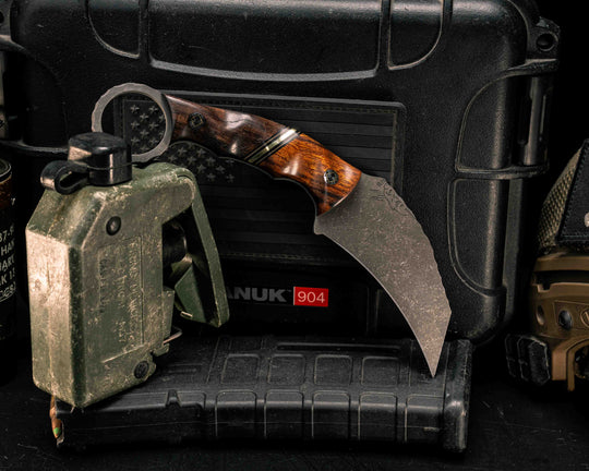 Karambito- Desert Ironwood, Black G10, Coyote G10 and Brass Split, Hawaiian Curly Koa, Mosaic Pins, Textured Grip