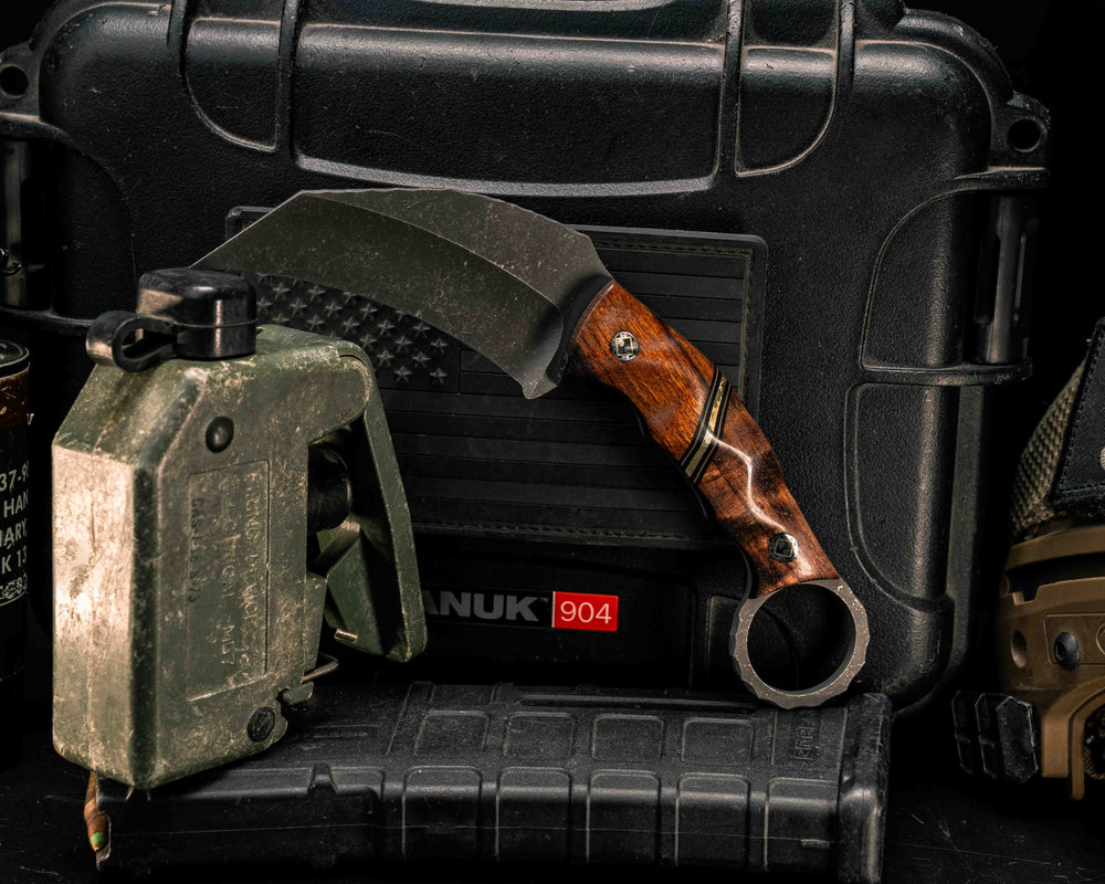 Karambito- Desert Ironwood, Black G10, Coyote G10 and Brass Split, Hawaiian Curly Koa, Mosaic Pins, Textured Grip