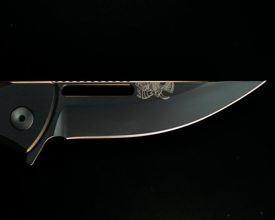 Custom Kwaiken Folder - Desert Ironwood & Ossik Inlay, Anodized Black Handle, Black Nitride Blade, Textured Grip, Deep Carry Pocket Clip
