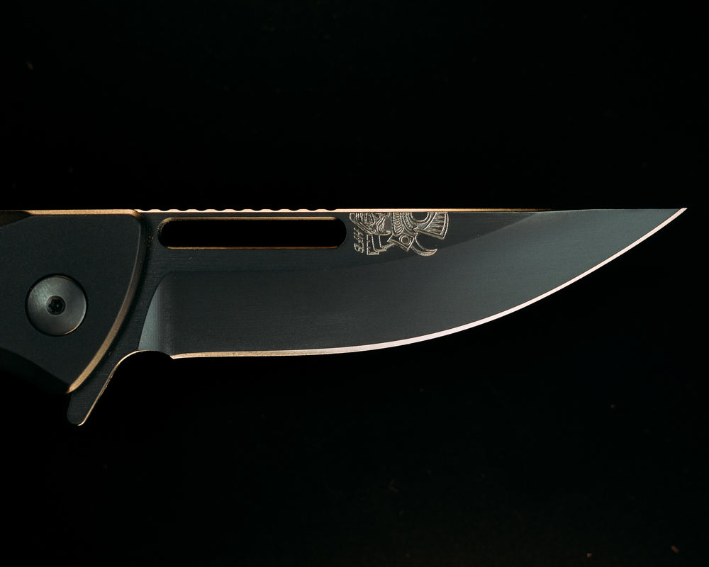 Custom Kwaiken Folder - Desert ironwood & Oosik Inlay, Anodized Black Handle, Black Nitride Blade, Textured Grip, Deep Carry Pocket Clip