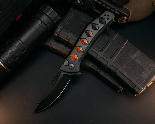 Custom Kwaiken Folder - Desert Ironwood Inlay, Anodized Black Handle, Black Nitride Blade, Textured Grip, Deep Carry Pocket Clip