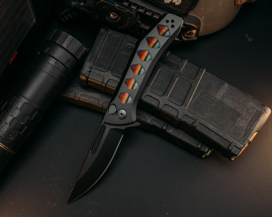 Custom Kwaiken Folder - Mexican Blanket G-Carta Inlay, Anodized Black Handle, Black Nitride Blade, Textured Grip, Deep Carry Pocket Clip
