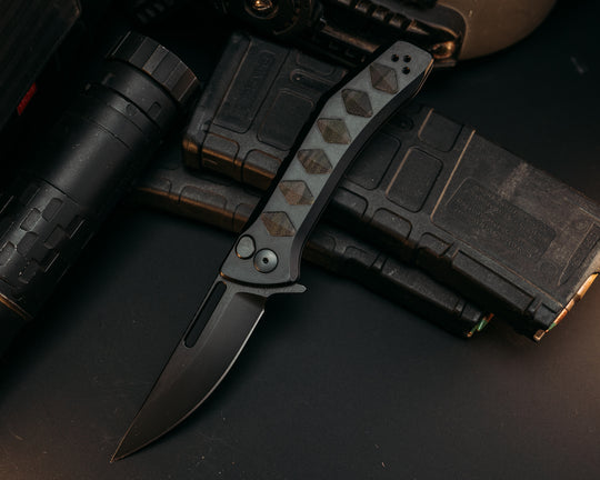 Custom Kwaiken Folder - Camo Carta G-Carta Inlay, Anodized Black Handle, Black Nitride Blade, Textured Grip, Deep Carry Pocket Clip