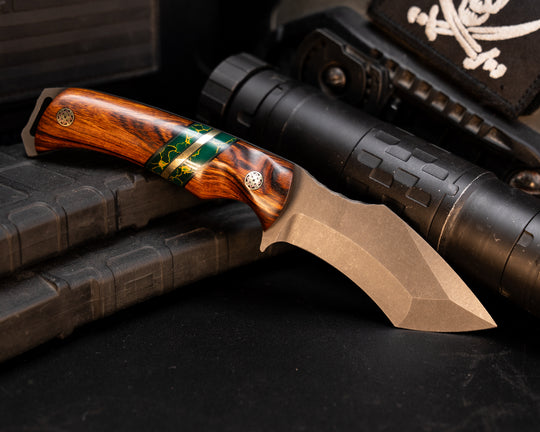 Buteo- Desert Ironwood, Black G10, Arizona Jade Tru-stone and Brass Split, Mosaic Pins, Contoured Grip