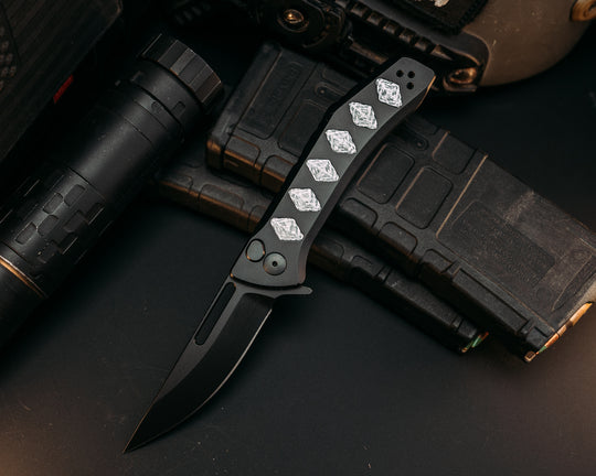 Custom Kwaiken Folder - Silver Carbon Fiber Inlay, Anodized Black Handle, Black Nitride Blade, Textured Grip, Deep Carry Pocket Clip