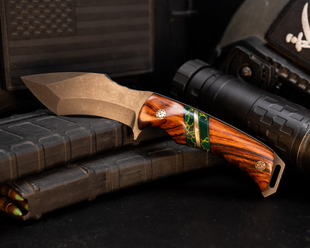 Buteo- Desert Ironwood, Black G10, Arizona Jade Tru-stone and Brass Split, Mosaic Pins, Contoured Grip