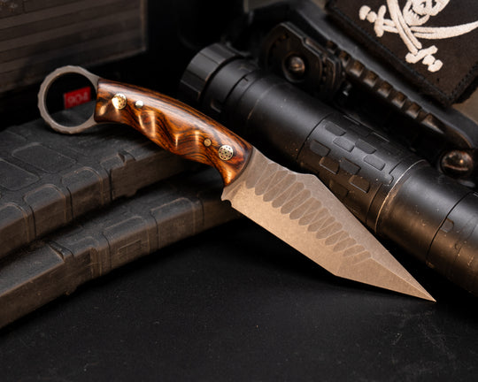 Ringed Tac Tanto- Desert Ironwood, Mosaic Pins, 1/8" Brass Pins, Grooved Grip