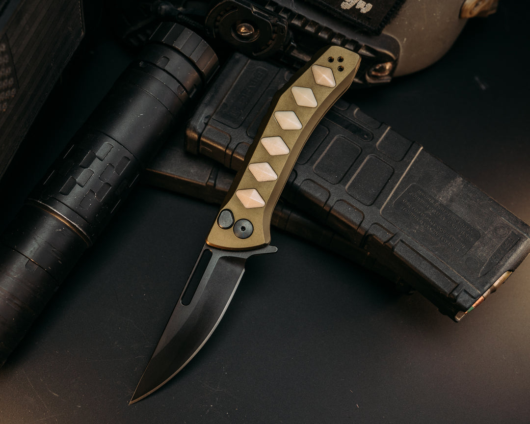 Custom Kwaiken Folder - Vintage Westing House Paper Micarta Inlay, Anodized OD Green Handle, Black Nitride Blade, Textured Grip, Deep Carry Pocket Clip