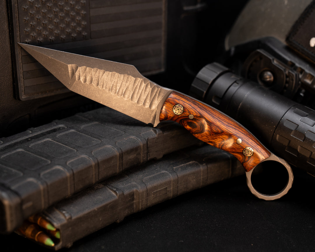 Ringed Tac Tanto- Desert Ironwood, Mosaic Pins, 1/8" Brass Pins, Grooved Grip