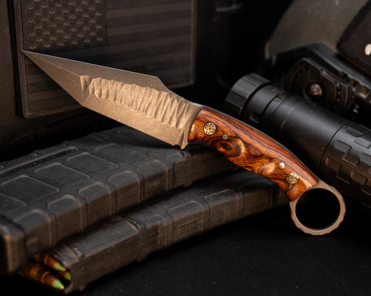 Ringed Tac Tanto- Desert Ironwood, Mosaic Pins, 1/8" Brass Pins, Grooved Grip