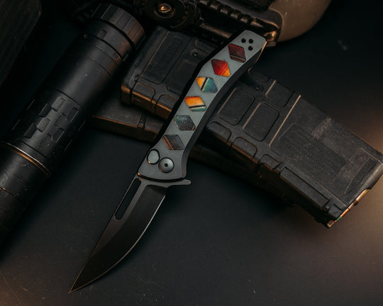 Custom Kwaiken Folder - Mexican Blanket G-Carta Inlay, Anodized Black Handle, Black Nitride Blade, Textured Grip, Deep Carry Pocket Clip