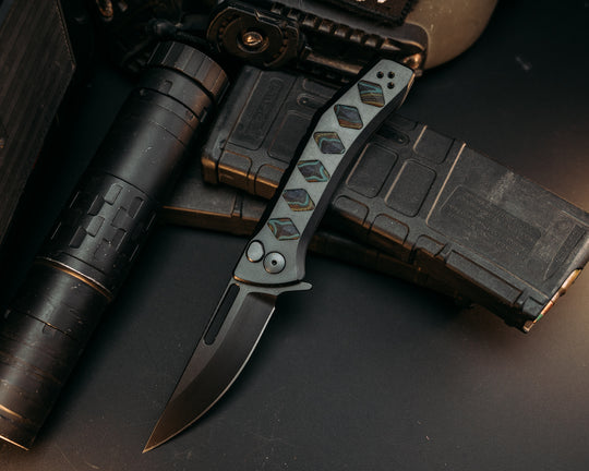 Custom Kwaiken Folder - Lake Wood G-Carta Inlay, Anodized Black Handle, Black Nitride Blade, Textured Grip, Deep Carry Pocket Clip
