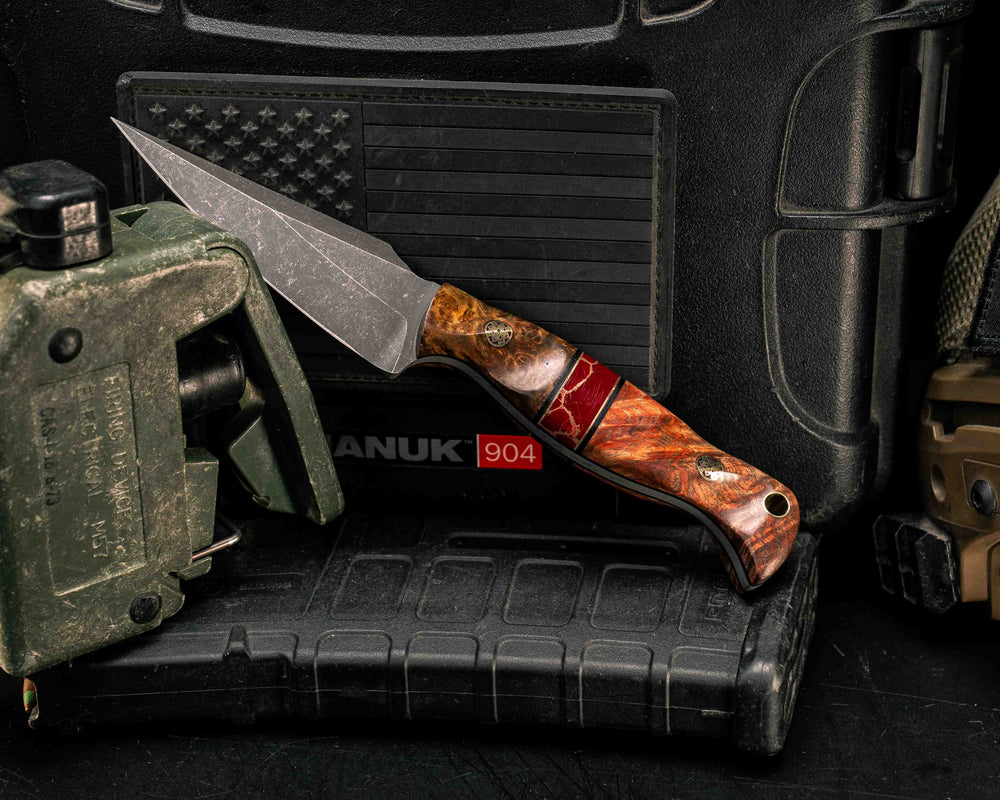 Gulo Gulo- Amboyna Burl, Black G10 and Brass Pin Striping, Red with Gold Web Tru-stone Split, Dyed Maple, Mosaic Pins, Brass Lanyard Pin, Textured Grip