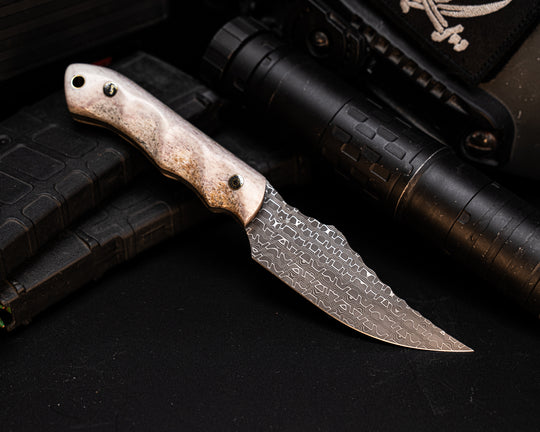 Red Cloud- Vegas Forge Snakeskin Damascus- Mosaic Pins, Brass Lanyard Pin, Grooved Grip