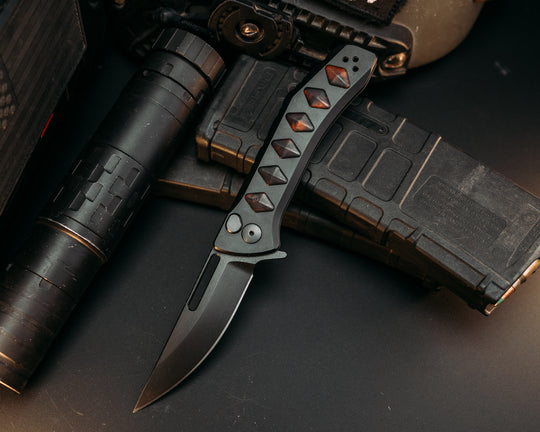 Custom Kwaiken Folder - Desert Ironwood Inlay, Anodized Black Handle, Black Nitride Blade, Textured Grip, Deep Carry Pocket Clip