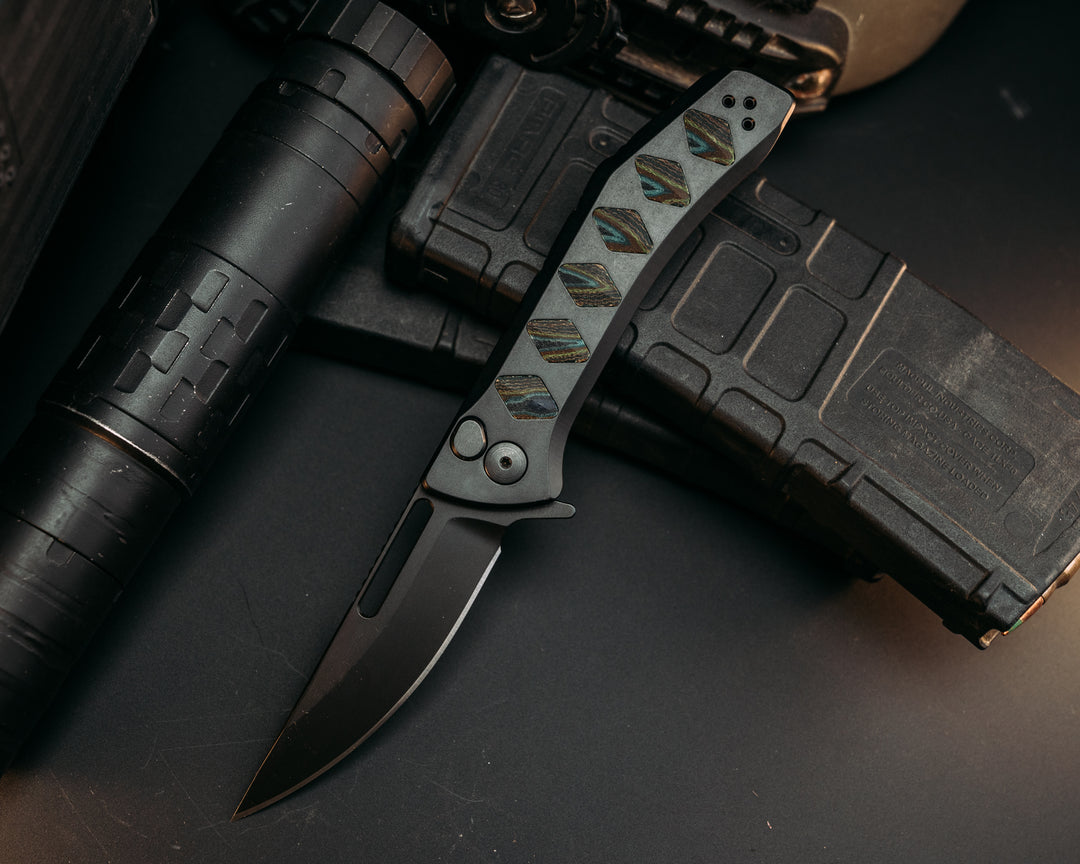 Custom Kwaiken Folder - Lake Wood G-Carta Inlay, Anodized Black Handle, Black Nitride Blade, Textured Grip, Deep Carry Pocket Clip