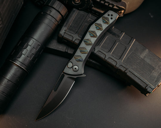 Custom Kwaiken Folder - Lake Wood G-Carta Inlay, Anodized Black Handle, Black Nitride Blade, Textured Grip, Deep Carry Pocket Clip