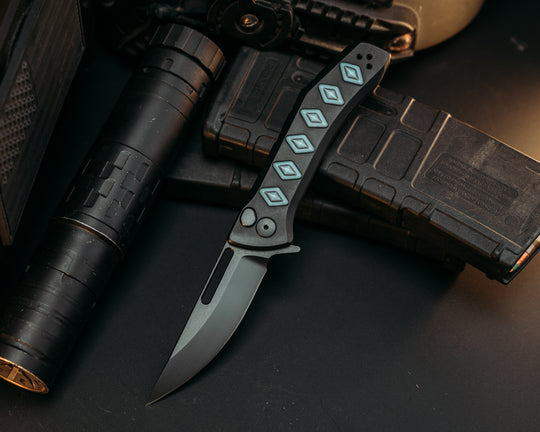 Custom Kwaiken Folder - Brittany Camo Quartz Inlay, Anodized Black Handle, Black Nitride Blade, Textured Grip, Deep Carry Pocket Clip