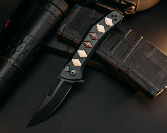 Custom Kwaiken Folder - Vintage Westing House Paper Micarta & Red Camo Quarts Inlay, Anodized Black Handle, Black Nitride Blade, Textured Grip, Deep Carry Pocket Clip