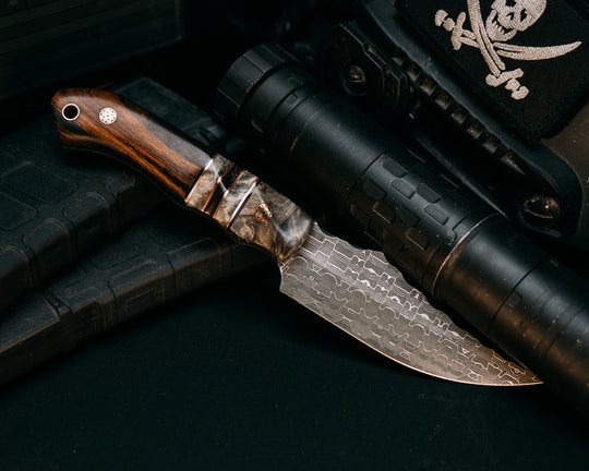 Red Cloud- Vegas Forge Snakeskin Damascus- Buckeye Burl, Black G10 and Copper Pin Striping, Buckeye Burl and Copper Dark Matter Carbon Split, Desert Ironwood, Mosaic Pins, Copper Lanyard Pin, Contoured Grip