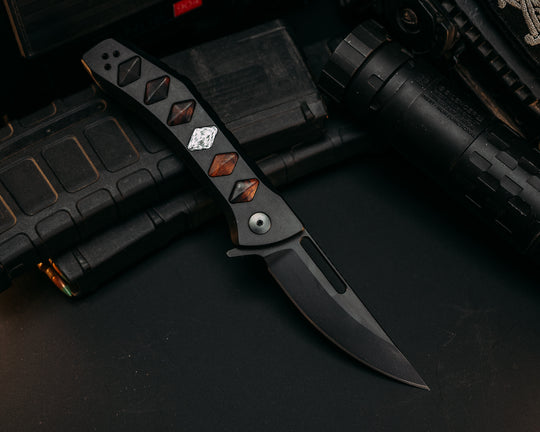 Custom Kwaiken Folder - Desert Ironwood & Silver Carbon Fiber Inlay, Anodized Black Handle, Black Nitride Blade, Textured Grip, Deep Carry Pocket Clip