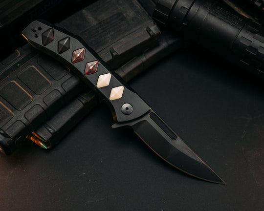 Custom Kwaiken Folder - Vintage Westing House Paper Micarta, Red Camo Quartz & Desert Ironwood Inlay, Anodized Black Handle, Black Nitride Blade, Textured Grip, Deep Carry Pocket Clip