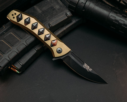 Custom Kwaiken Folder - Desert Ironwood Inlay, Anodized OD Green Handle, Black Nitride Blade, Textured Grip, Deep Carry Pocket Clip