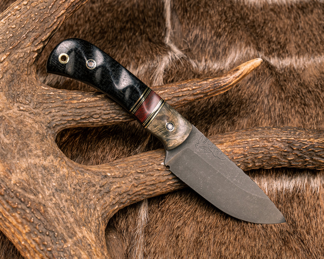Cav Jr- Buckeye, Black G10 and Brass Pin Striping, Lava Flow FAT Carbon Split, Black Burlap Micarta, Mosaic Pins, Brass Lanyard Pin, Textured Grip