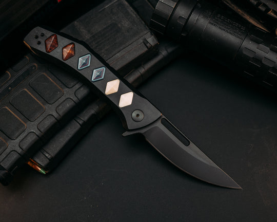 Custom Kwaiken Folder - Vintage Westing House Paper Micarta, Damtamium Camo Quartz & Desert Ironwood Inlay, Anodized Black Handle, Black Nitride Blade, Textured Grip, Deep Carry Pocket Clip