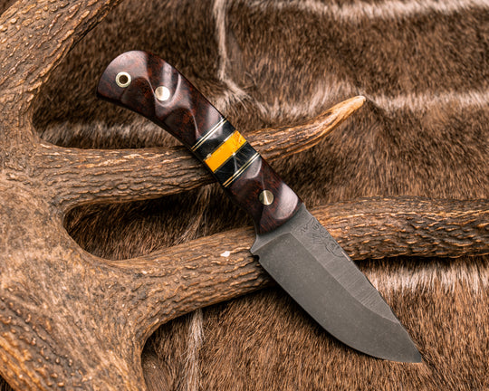 Cav Jr- Snakewood, Black G10 and Brass Pin Striping, Dyed Maple and Yellow Dino Bone Tru-stone Split, Brass Pins, Brass Lanyard Pin, Textured Grip