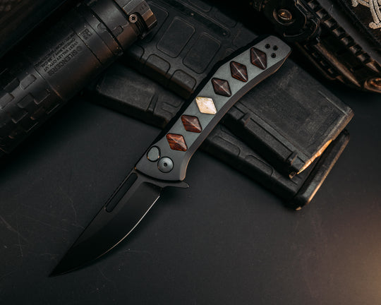 Custom Kwaiken Folder - Desert Ironwood & Ossik Inlay, Anodized Black Handle, Black Nitride Blade, Textured Grip, Deep Carry Pocket Clip