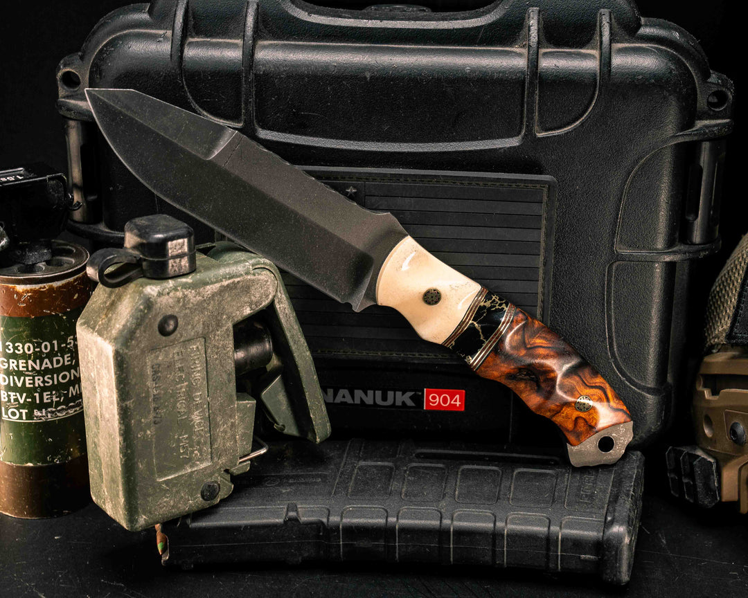 Disaster Breacher Gen 3- Giraffe Bone, Black G10, Brass and Brown Canvas Micarta Pin Striping, Black with Gold Web Tru-stone Split, Desert Ironwood, Mosaic Pins, Textured Grip