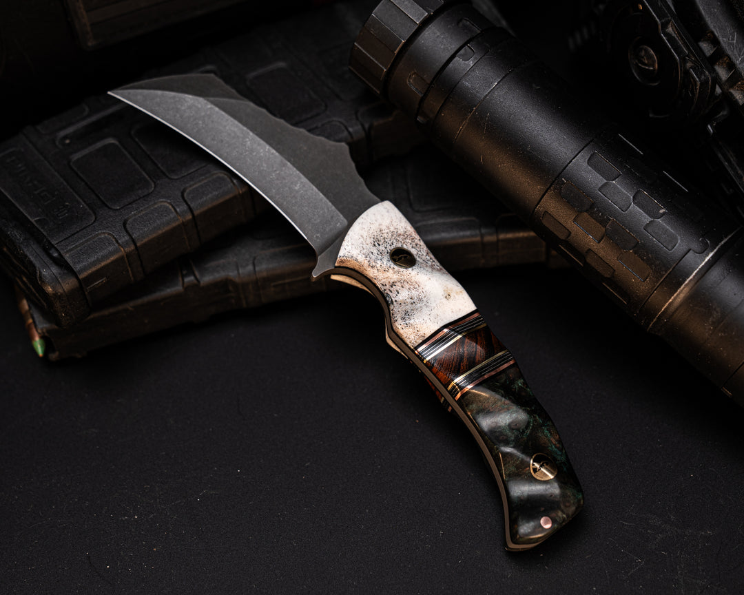 Vulture- Black G10, Copper, Silver Dragon Strike Carbon and Brass Pin Striping, Desert Ironwood Split, Dyed Redwood, Half Face Mosaic Pins, 1/8" Copper Pin, Textured Grip