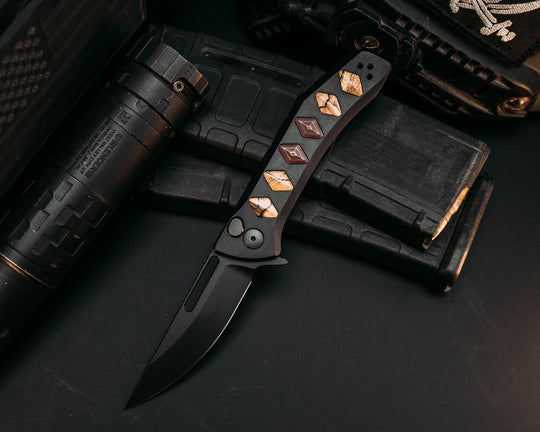 Custom Kwaiken Folder - Spalted Maple & Red Camo Quartz Inlay, Anodized Black Handle, Black Nitride Blade, Textured Grip, Deep Carry Pocket Clip