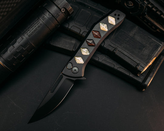 Custom Kwaiken Folder - Desert ironwood & Oosik Inlay, Anodized Black Handle, Black Nitride Blade, Textured Grip, Deep Carry Pocket Clip