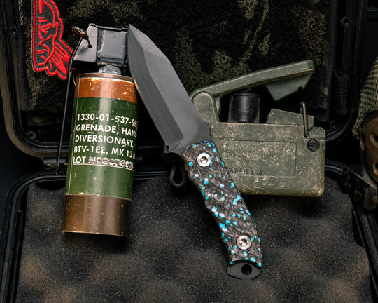 Disaster Cub- Turquoise Rocky Wave Carbon, Armor Black Cerakote, Ti Allen Bolts, Textured Grip