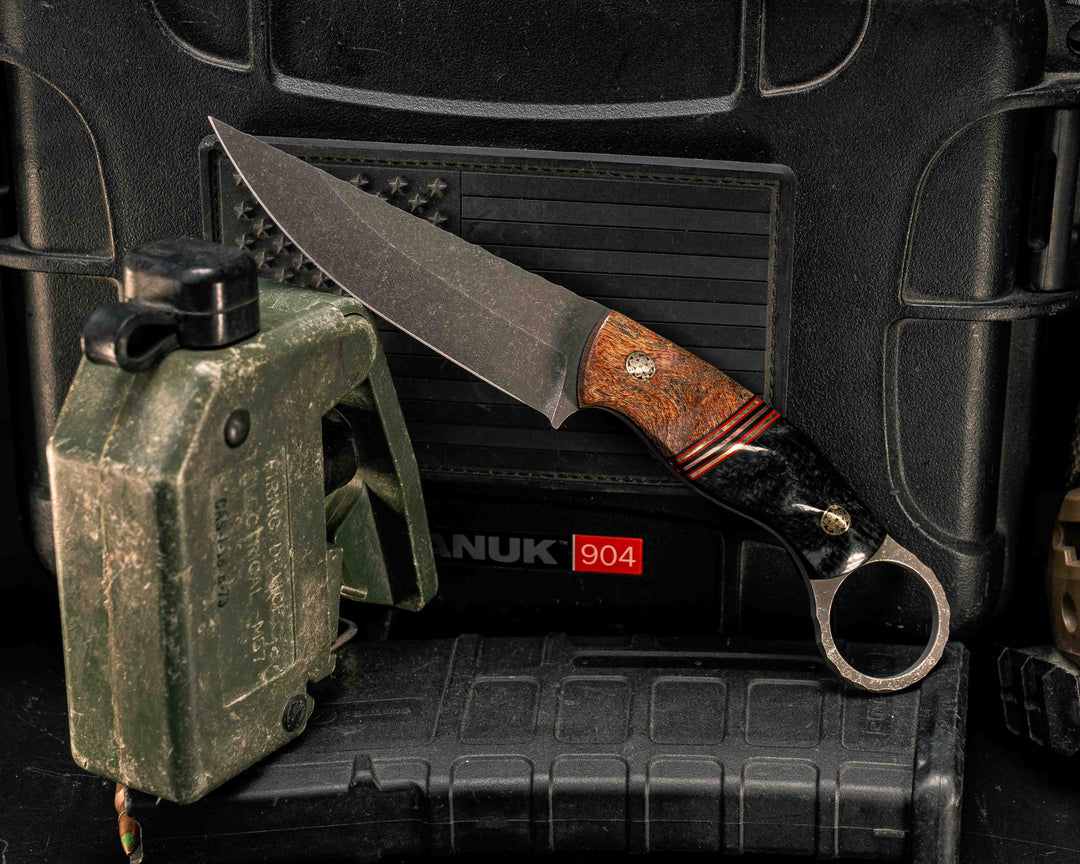 Osoraku 3" Mini- Honduran Mahogany, Black G10, Cherry G10, Brass and Copper Split, Black Burlap Micarta, Mosaic Pins, Textured Grip