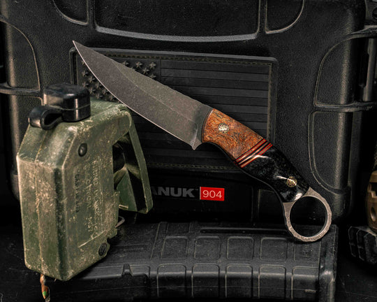 Osoraku 3" Mini- Honduran Mahogany, Black G10, Cherry G10, Brass and Copper Split, Black Burlap Micarta, Mosaic Pins, Textured Grip