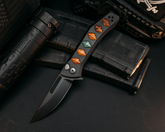 Custom Kwaiken Folder - Desert Ironwood & Green Camp Quartz Inlay, Anodized Black Handle, Black Nitride Blade, Textured Grip, Deep Carry Pocket Clip