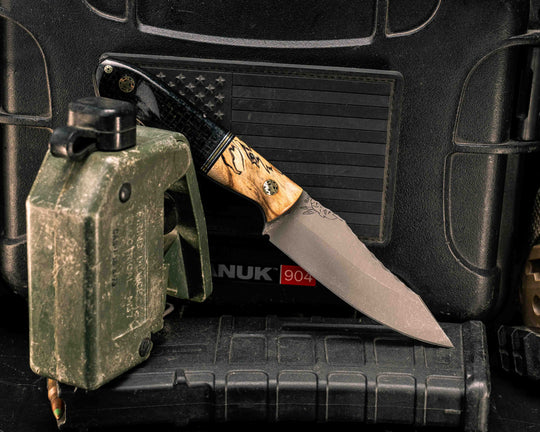 Field Knife Jr- Spalted Maple, Black G10, Aluminum and Brass Split, Black Burlap Micarta, Mosaic Pins, Textured Grip