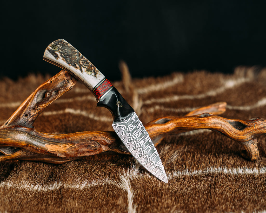 Storm Breaker Damascus - Bison, Black G10 and Brass Pin Striping, Carbon and Red Resin Split, CO Elk, Mosaic Pins, Contoured Grip