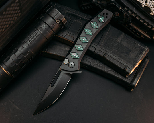 Custom Kwaiken Folder - Green Camp Quartz Inlay, Anodized Black Handle, Black Nitride Blade, Textured Grip, Deep Carry Pocket Clip