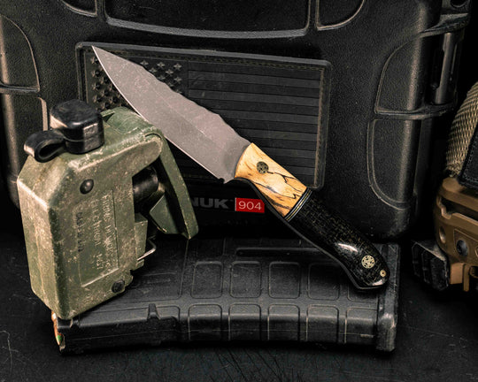 Field Knife Jr- Spalted Maple, Black G10, Aluminum and Brass Split, Black Burlap Micarta, Mosaic Pins, Textured Grip