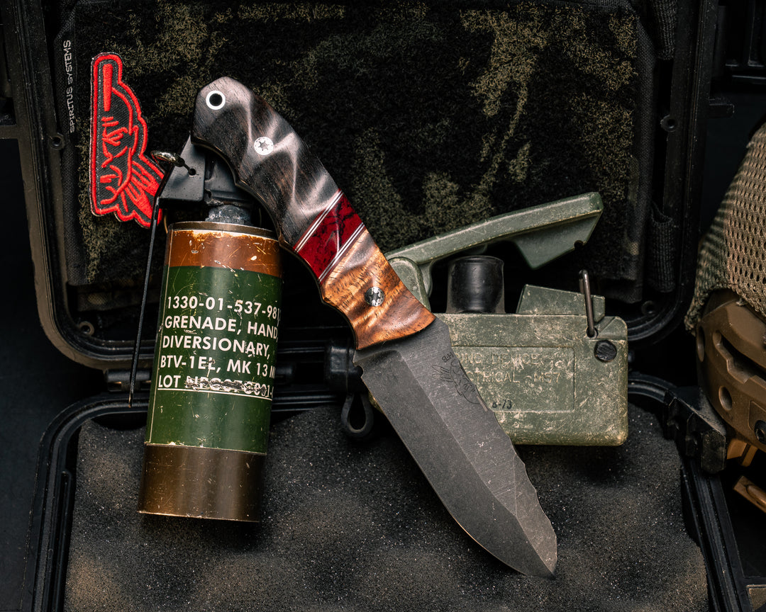 Disaster Jr- Hawaiian Curly Koa, Cherry G10 and Aluminum Pin Striping, Bloody Basin Tru-stone Split, Gaboon Ebony, Mosaic Pins, Aluminum Lanyard Pin, Textured Grip