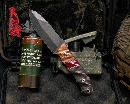 Disaster Jr- Hawaiian Curly Koa, Cherry G10 and Aluminum Pin Striping, Bloody Basin Tru-stone Split, Gaboon Ebony, Mosaic Pins, Aluminum Lanyard Pin, Textured Grip